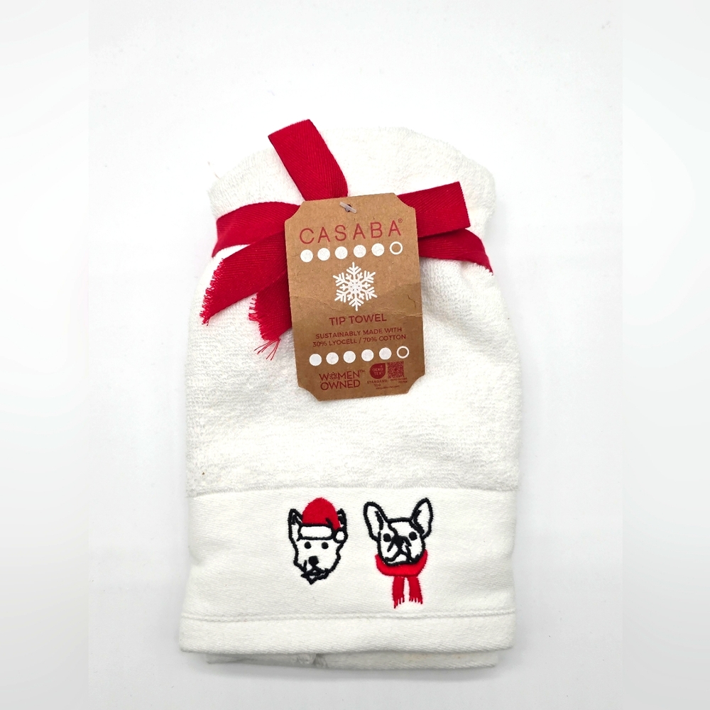 NWT Casaba Tip Towel Dogs Santa Hat Christmas Set of 2 White Red
